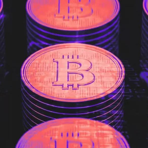 Representación artística de múltiples monedas de Bitcoin apiladas con un efecto visual en tonos neón púrpura y naranja, simbolizando el auge del mercado cripto tras alcanzar un nuevo máximo histórico en julio de 2025.