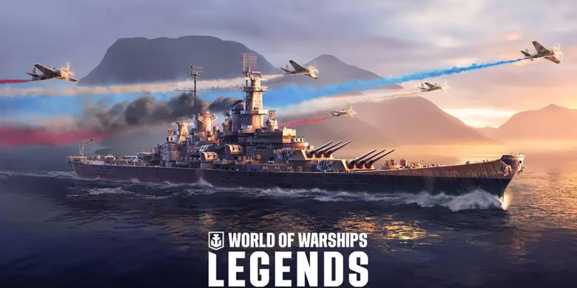 Captura de pantalla de World of Warships con el USS Wisconsin navegando durante el evento del 4 de julio.