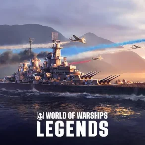 Captura de pantalla de World of Warships con el USS Wisconsin navegando durante el evento del 4 de julio.
