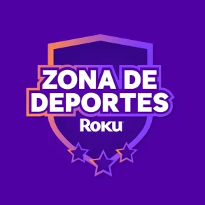 Logotipo oficial de la Zona de Deportes de Roku sobre fondo púrpura, con un escudo estilizado, tipografía en blanco y contorno degradado en tonos naranja y morado, acompañado por tres estrellas en la parte inferior del diseño.