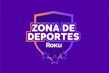 Logotipo oficial de la Zona de Deportes de Roku sobre fondo púrpura, con un escudo estilizado, tipografía en blanco y contorno degradado en tonos naranja y morado, acompañado por tres estrellas en la parte inferior del diseño.