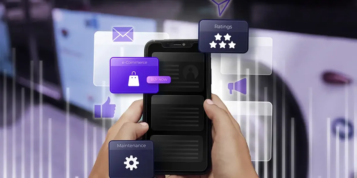 Persona usando un smartphone con íconos flotantes de seguridad, comercio electrónico y calificaciones, representando funciones digitales seguras.