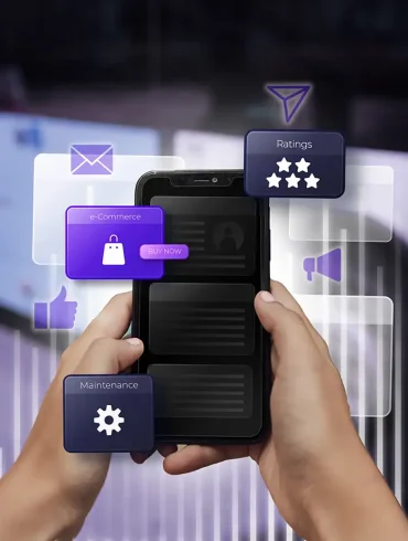 Persona usando un smartphone con íconos flotantes de seguridad, comercio electrónico y calificaciones, representando funciones digitales seguras.