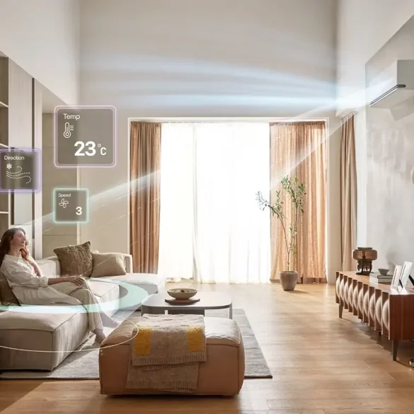 Mujer relajada en una sala moderna con aire acondicionado LG DUALCOOL funcionando a 23 °C. La interfaz holográfica muestra dirección, velocidad y temperatura del aire, destacando la tecnología inteligente y personalizable del sistema de climatización.