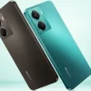 Vista posterior del realme P3 5G en colores negro y verde aqua, mostrando su diseño delgado, acabado metálico y doble módulo de cámara con bordes curvos y elegantes.