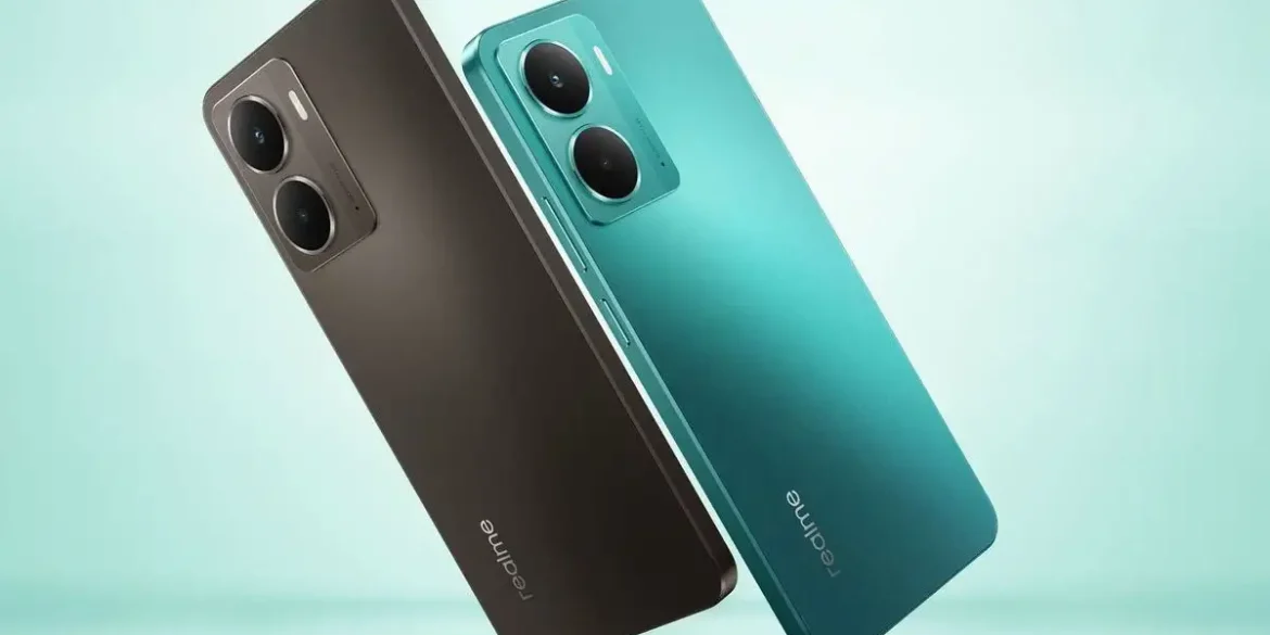 Vista posterior del realme P3 5G en colores negro y verde aqua, mostrando su diseño delgado, acabado metálico y doble módulo de cámara con bordes curvos y elegantes.