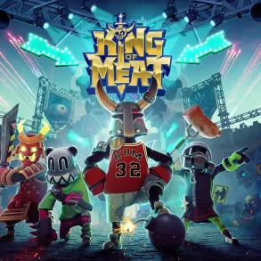 Arte promocional de King of Meat, el nuevo juego cooperativo de Amazon Games y Glowmade. La imagen muestra a cuatro personajes con atuendos excéntricos enfrentando un escenario de combate, bajo luces de neón y fuegos artificiales, con el logo del título al centro.