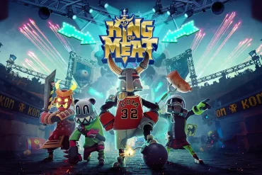 Arte promocional de King of Meat, el nuevo juego cooperativo de Amazon Games y Glowmade. La imagen muestra a cuatro personajes con atuendos excéntricos enfrentando un escenario de combate, bajo luces de neón y fuegos artificiales, con el logo del título al centro.