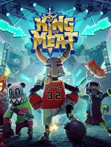 Arte promocional de King of Meat, el nuevo juego cooperativo de Amazon Games y Glowmade. La imagen muestra a cuatro personajes con atuendos excéntricos enfrentando un escenario de combate, bajo luces de neón y fuegos artificiales, con el logo del título al centro.