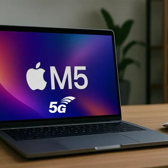 MacBook Pro con chip Apple M5 y conectividad 5G integrada mostrado en un entorno de trabajo minimalista. La imagen ilustra el próximo salto de Apple hacia portátiles con internet móvil propio, sin depender de redes Wi-Fi, reforzando movilidad y productividad profesional.”