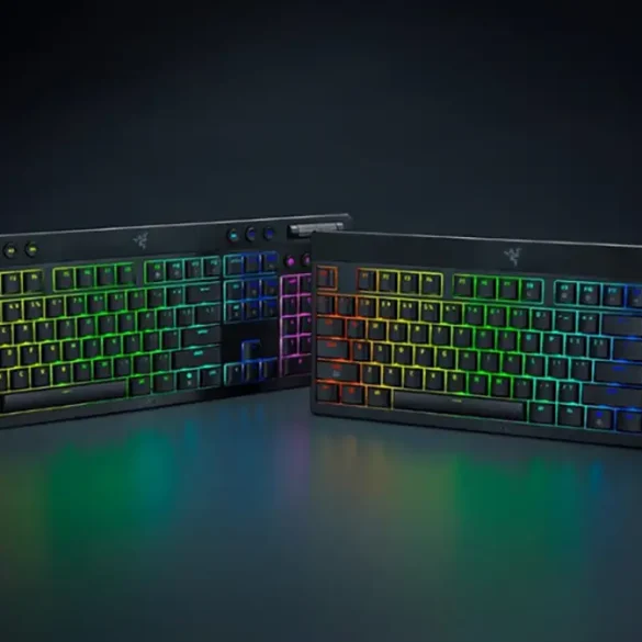 Teclados Razer BlackWidow V4 Low-profile HyperSpeed y Tenkeyless con retroiluminación Chroma RGB, diseño ultradelgado y switches mecánicos premium, ideales para alto rendimiento en gaming competitivo.