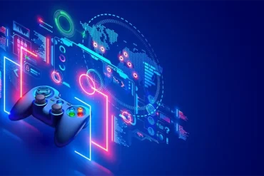 Control de videojuegos con gráficos futuristas de datos y mapas digitales, representando la conexión entre gaming, tecnología y experiencias virtuales.