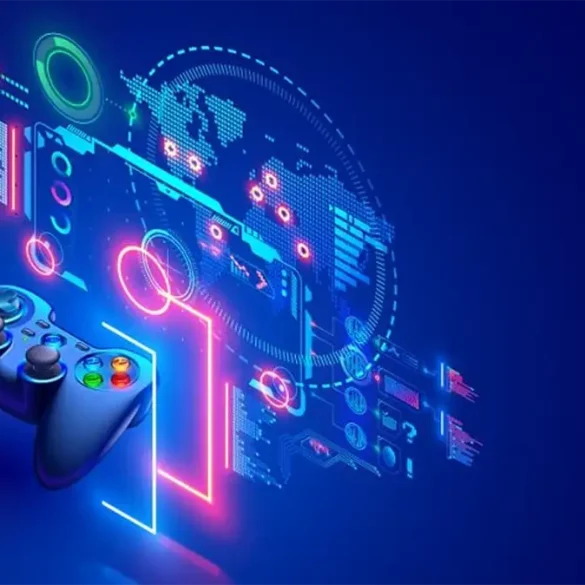 Control de videojuegos con gráficos futuristas de datos y mapas digitales, representando la conexión entre gaming, tecnología y experiencias virtuales.