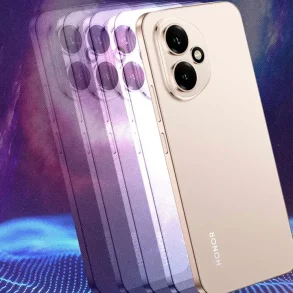 Vista trasera del HONOR 400 en color dorado, destacando su módulo de cámara dual y diseño elegante sobre un fondo digital de tonos púrpura y azul.
