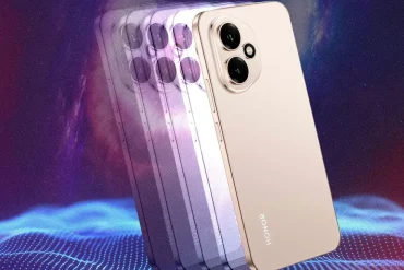 Vista trasera del HONOR 400 en color dorado, destacando su módulo de cámara dual y diseño elegante sobre un fondo digital de tonos púrpura y azul.