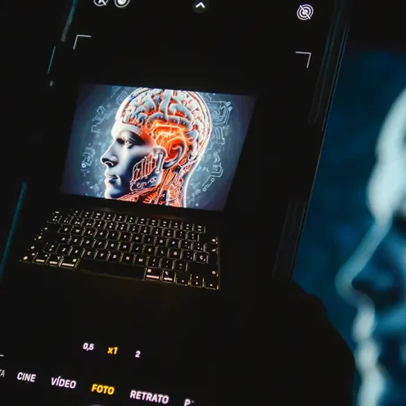 Primer plano de una pantalla de smartphone mostrando la imagen de un cerebro humano con circuitos electrónicos, simbolizando la integración de la inteligencia artificial y la tecnología en el pensamiento humano, con un teclado de computadora en primer plano.