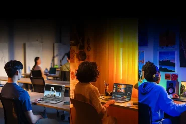 Estudiantes y jóvenes usan laptops NVIDIA GeForce RTX para estudiar, crear contenido y jugar con gráficos avanzados en distintos entornos académicos y creativos.