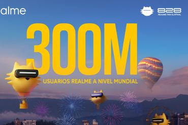 Imagen promocional de realme celebrando 300 millones de usuarios globales. Incluye globos aerostáticos, fuegos artificiales y figuras de gato con visor VR sobre un skyline urbano al atardecer, junto a logotipos de la marca y del 828 Realme Fan Festival.