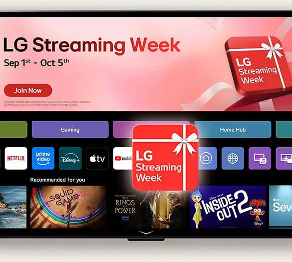 Televisor LG Smart TV mostrando la interfaz de LG Streaming Week 2025 con apps como Netflix, Disney+ y Apple TV durante la campaña de otoño.