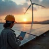 Ingeniera supervisa con tablet un parque solar y eólico al atardecer en México, símbolo del potencial de las energías limpias para el futuro energético.