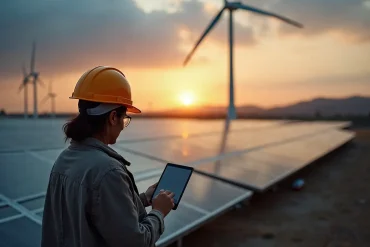 Ingeniera supervisa con tablet un parque solar y eólico al atardecer en México, símbolo del potencial de las energías limpias para el futuro energético.