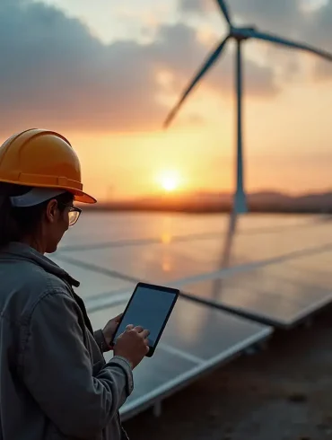 Ingeniera supervisa con tablet un parque solar y eólico al atardecer en México, símbolo del potencial de las energías limpias para el futuro energético.