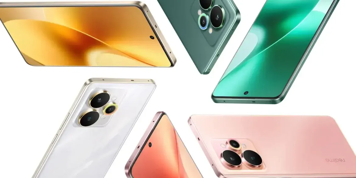 Smartphones realme 15 series en colores verde, dorado, rosa y blanco, mostrando pantallas AMOLED y módulos de cámara circulares de gran tamaño.