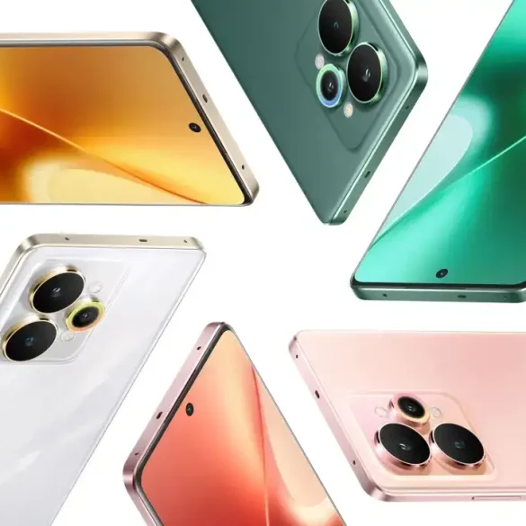 Smartphones realme 15 series en colores verde, dorado, rosa y blanco, mostrando pantallas AMOLED y módulos de cámara circulares de gran tamaño.