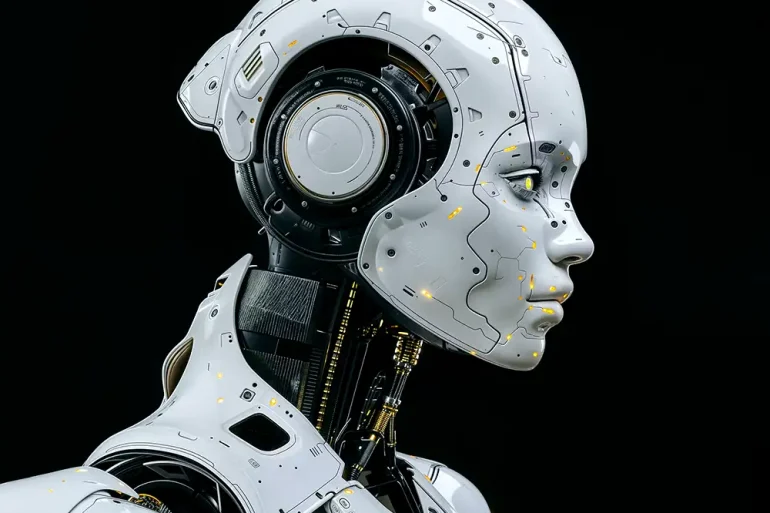 rimer plano de un androide futurista con diseño metálico y detalles luminosos, símbolo del avance de la inteligencia artificial y la robótica avanzada.
