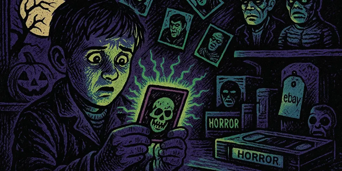 Las tarjetas “embrujadas” que los coleccionistas buscan en eBay este Halloween Niño sostiene una tarjeta brillante de calavera mientras figuras clásicas del terror lo observan.