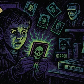 Niño sostiene una tarjeta brillante de calavera mientras figuras clásicas del terror lo observan.