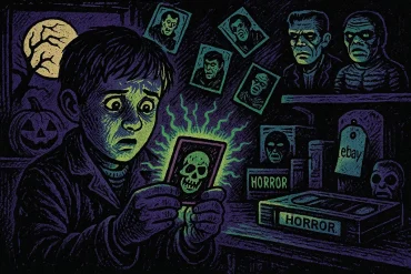 Las tarjetas “embrujadas” que los coleccionistas buscan en eBay este Halloween Niño sostiene una tarjeta brillante de calavera mientras figuras clásicas del terror lo observan.