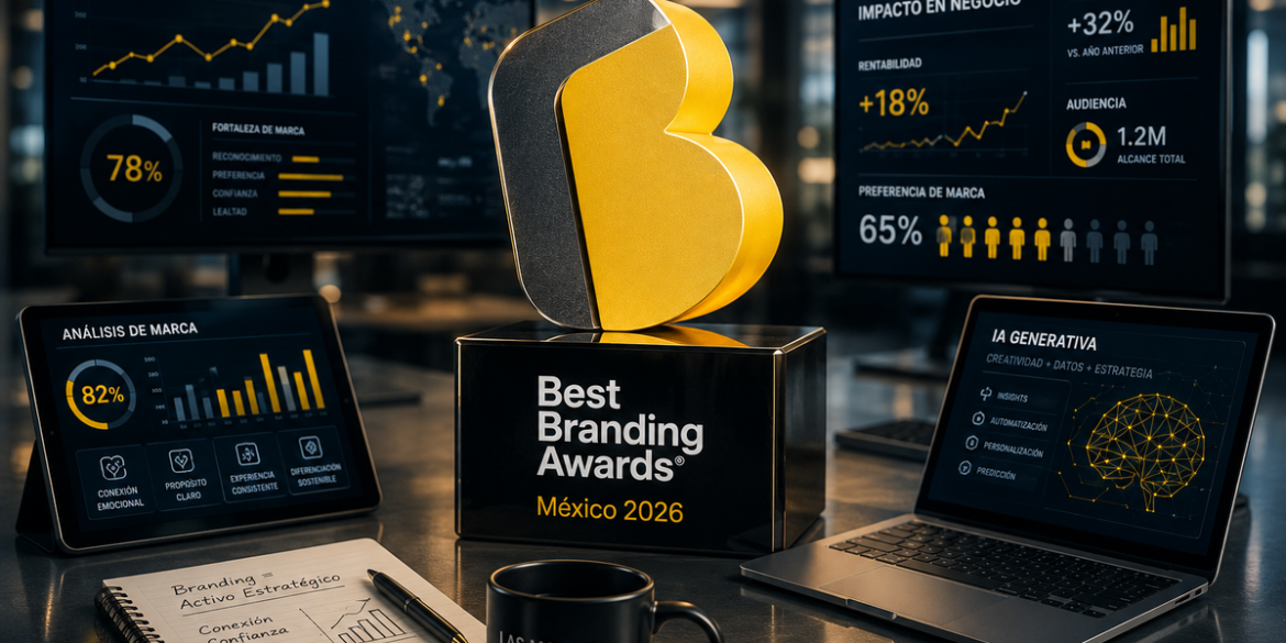 Premio Best Branding Awards México 2026 rodeado de métricas, dashboards y análisis de branding estratégico