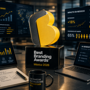 Premio Best Branding Awards México 2026 rodeado de métricas, dashboards y análisis de branding estratégico