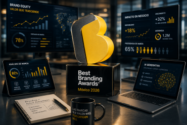 Premio Best Branding Awards México 2026 rodeado de métricas, dashboards y análisis de branding estratégico
