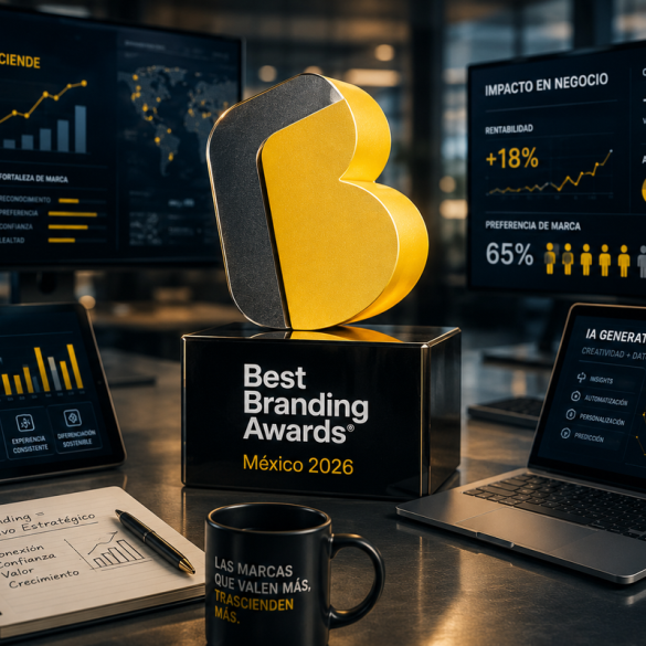 Premio Best Branding Awards México 2026 rodeado de métricas, dashboards y análisis de branding estratégico
