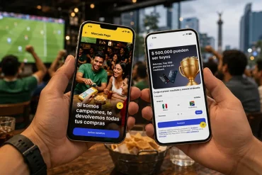 Usuarios consultan la promoción Futbol 2026 de Mercado Pago con cashback y premios durante una transmisión deportiva.