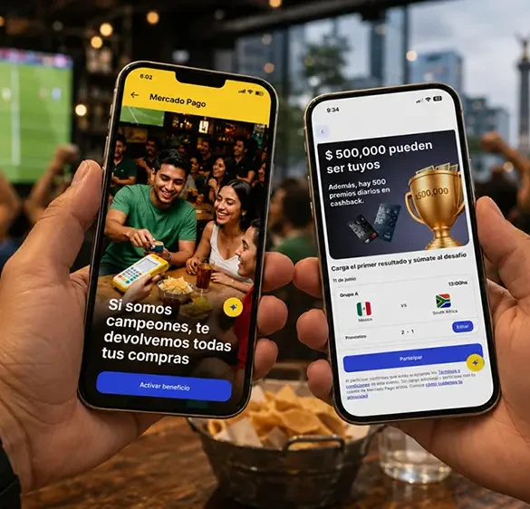 Usuarios consultan la promoción Futbol 2026 de Mercado Pago con cashback y premios durante una transmisión deportiva.