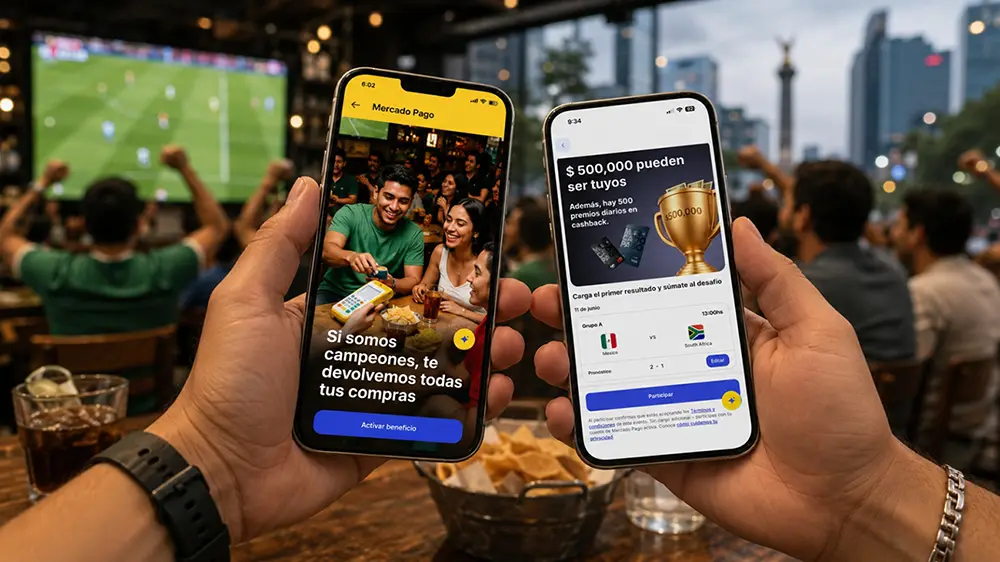 Usuarios consultan la promoción Futbol 2026 de Mercado Pago con cashback y premios durante una transmisión deportiva.