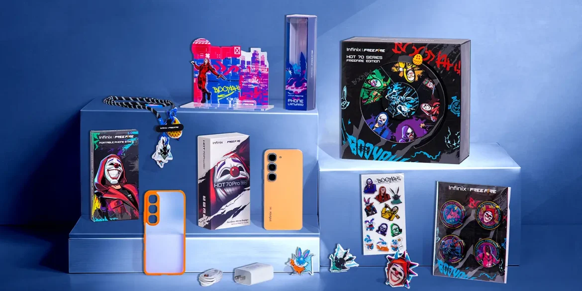 Infinix HOT 70 Pro 5G Free Fire Edition con caja sorpresa, accesorios exclusivos y artículos coleccionables gamer.