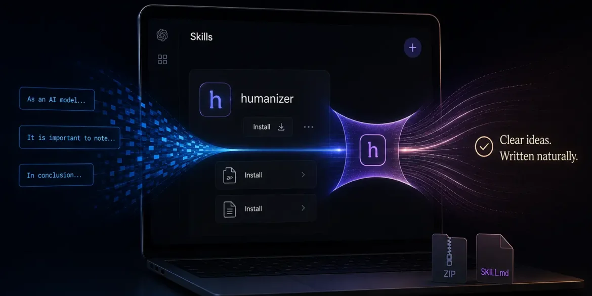 Interfaz de Humanizer transformando texto generado por IA en una redacción más natural desde una skill instalada en ChatGPT.