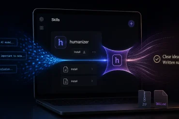 Interfaz de Humanizer transformando texto generado por IA en una redacción más natural desde una skill instalada en ChatGPT.