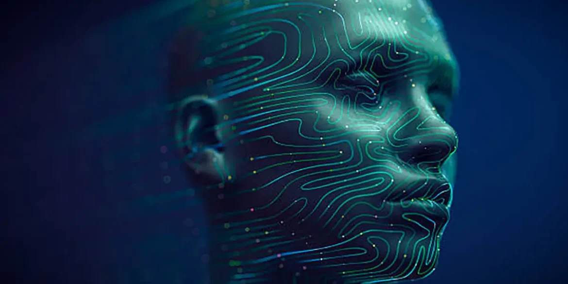 Rostro humano digital con circuitos verdes ilustra el uso y ética de la inteligencia artificial en servicios funerarios.