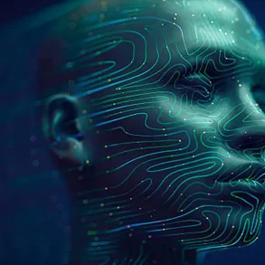 Rostro humano digital con circuitos verdes ilustra el uso y ética de la inteligencia artificial en servicios funerarios.