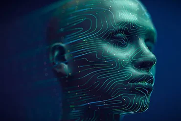 Rostro humano digital con circuitos verdes ilustra el uso y ética de la inteligencia artificial en servicios funerarios.