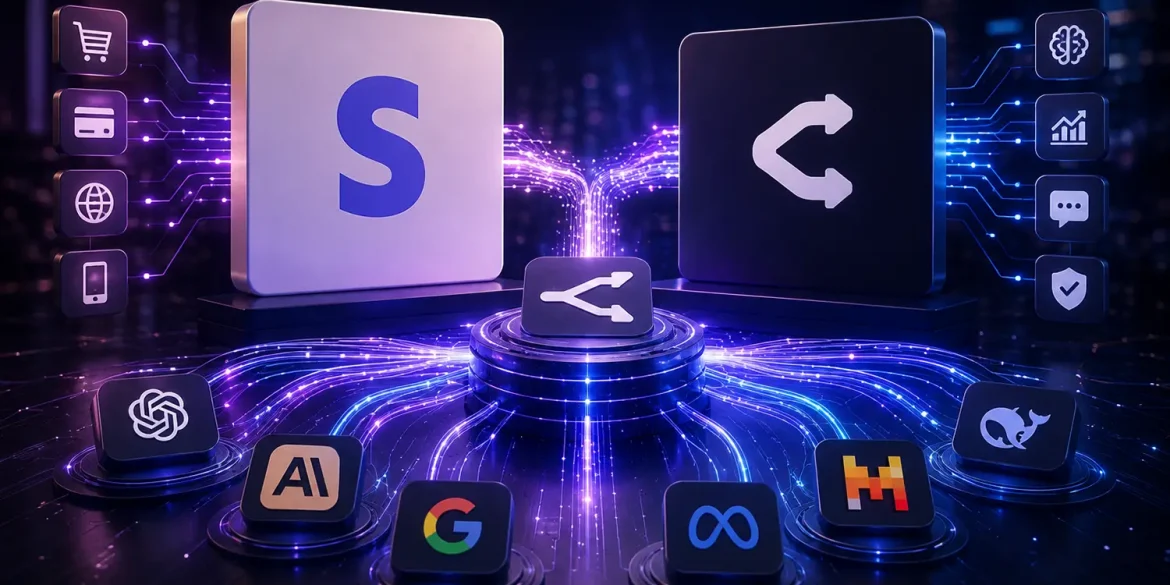 Stripe y OpenRouter conectados a una red de modelos y servicios de inteligencia artificial.