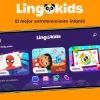 Lingokids muestra su app infantil en un teléfono con juegos educativos de Spider-Man, Lilo y Stitch y dibujos coloridos.