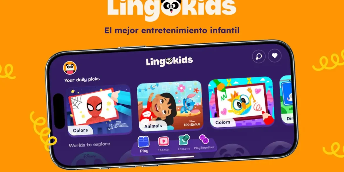 Lingokids muestra su app infantil en un teléfono con juegos educativos de Spider-Man, Lilo y Stitch y dibujos coloridos.