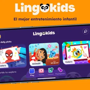 Lingokids muestra su app infantil en un teléfono con juegos educativos de Spider-Man, Lilo y Stitch y dibujos coloridos.
