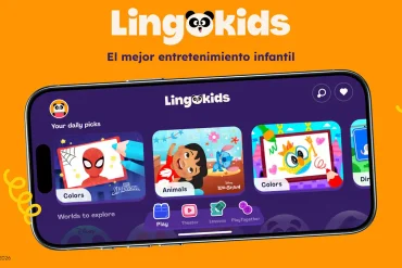 Lingokids muestra su app infantil en un teléfono con juegos educativos de Spider-Man, Lilo y Stitch y dibujos coloridos.